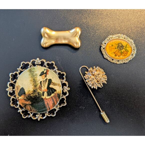Vintage Mixed Brooch & Pin Lot – Dog Bone, Floral, Victorian Scene, Stick Pin - Picture 1 of 2